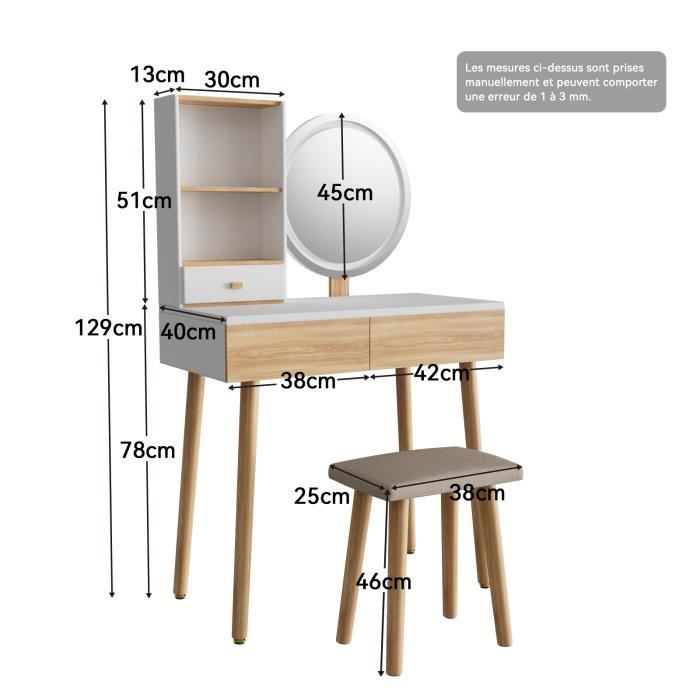 Coiffeuse Avec Miroir LED Réglable Et Tabouret - 2 Tiroirs, étagères, éclairage 3 Tons, Blanc/noir