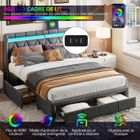 KILISKY Lit 140 x 200 cm avec LED, lit double avce 4 Tiroirs et port USB, Tête de Lit Rembourrée, Sommier a lattes, Lin，Gris