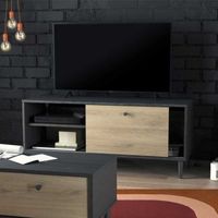 Meuble TV 1 porte 2 niches Noir/Chêne - TYARI - Noir - Bois - Dimensions : L 110 x l 39 x H 47 cm - Meuble tv
