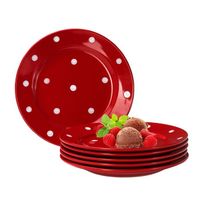 Van Well Emily set de 6 assiettes à gâteaux pointillé rouge et blanc, rond Ø 200 mm, assiette ronde en faïence, assiette à dessert