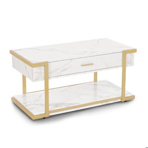BarberPub Table Basse Dorée, Table D'appoint Avec 2 Tablettes