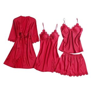ROBE DE CHAMBRE Robe de Chambre Satin Soie Pyjamas Femmes - Rouge 