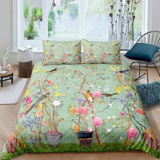 Couette 260x240 Cm Imprimée Fleurs Oiseaux Multicolore + 2 Taies 65x65 - 3 Pièces Toutes Saisons