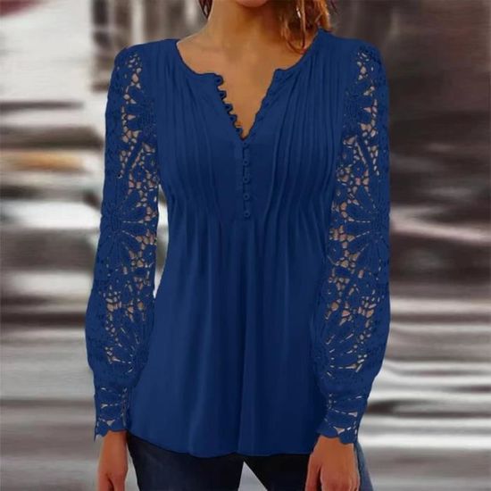 Chemisier Femme Sexy Chic Hauts A Manches Longues Dentelle Ample Tunique Blouse Elegante Mode Col V Bleu Bleu Cdiscount Pret a Porter