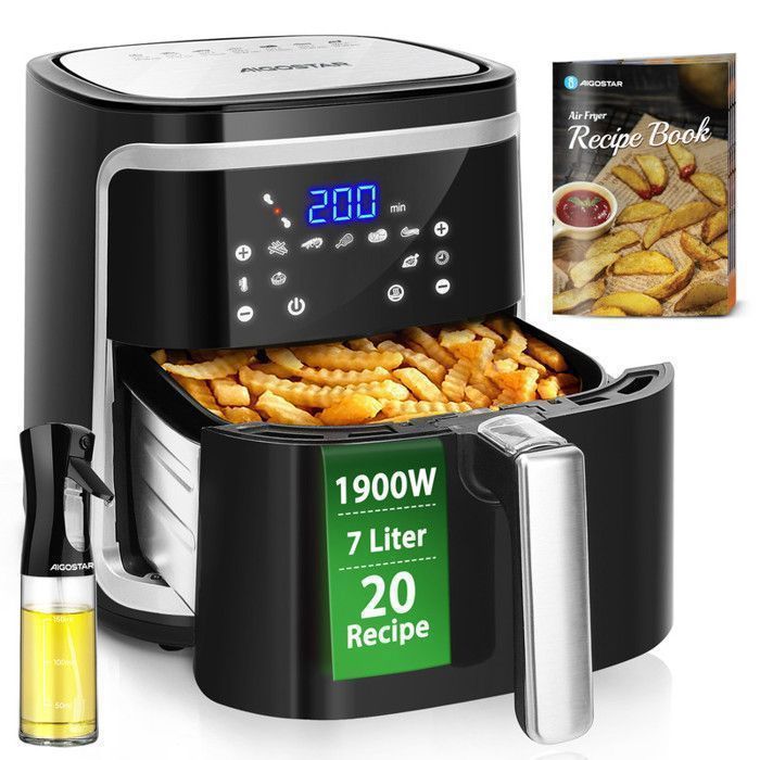 Aigostar Cube - Friteuse à air chaud 0% BPA. 1900W, grande capacité de 7L. 8 programmes, maintien au chaud. Livre de recettes inclus