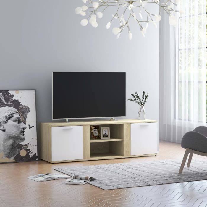 Luxueux Meuble TV Design - Meuble de rangement Meuble de Télévision Blanc et chêne sonoma 120x34x37 cm Aggloméré ♫30057