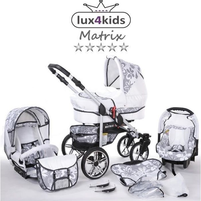 Matrix II VIP Poussette Combinée 3 en 1 Roues pivotantes Nacelle Siège Auto Poussette Canne 65 blanc graphite & fleurs