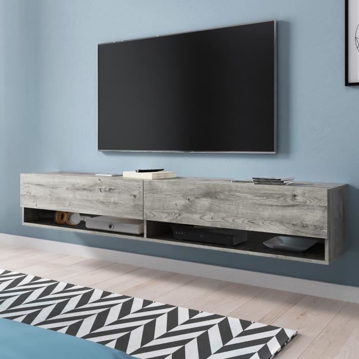 Meuble TV / Meuble de salon - WANDER - 180 cm - sans LED - chêne gris - 2 niches ouvertes - forme minimaliste