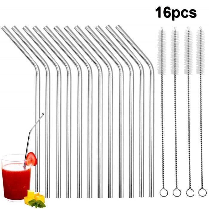 12pcs Pailles Réutilisable en Acier Inoxydable Paille Coudée Pailles Stainless Steel pour 20oz Tumbler avec 4pcs Brosse Métallique