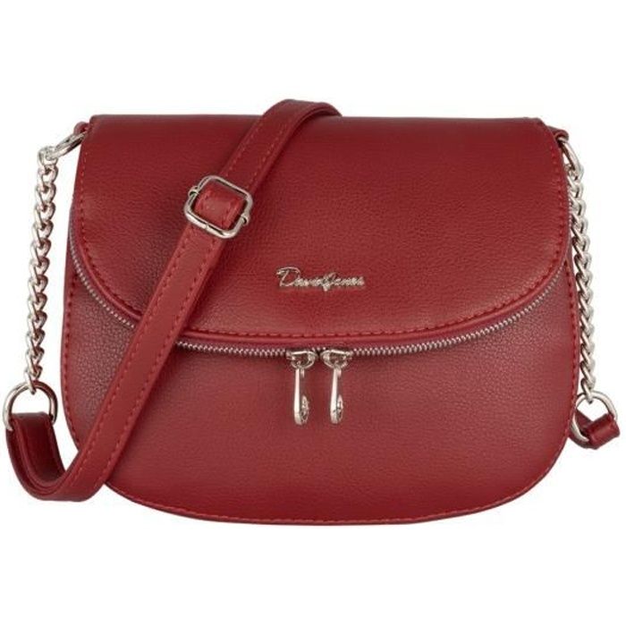 David Jones - Petite Besace Femme - Sac Bandoulière Chaîne Cuir PU Porté Epaule - Pochette Sacoche Zip à Rabat Compartiments - Rouge