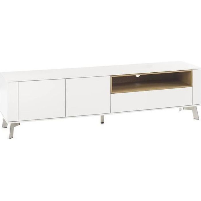 Meuble TV design laqué blanc BELLINZONA pieds acier brossé blanc MDF Inside75