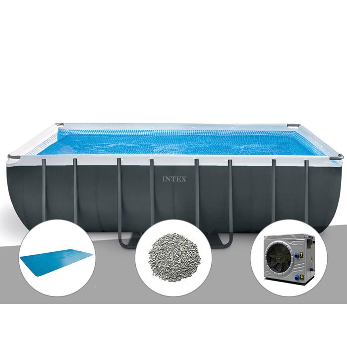 Kit piscine tubulaire Intex Ultra XTR Frame rectangulaire 5,49 x 2,74 x 1,32 m + Bâche à bulles + 20 kg de zéolite + Pompe à chaleur