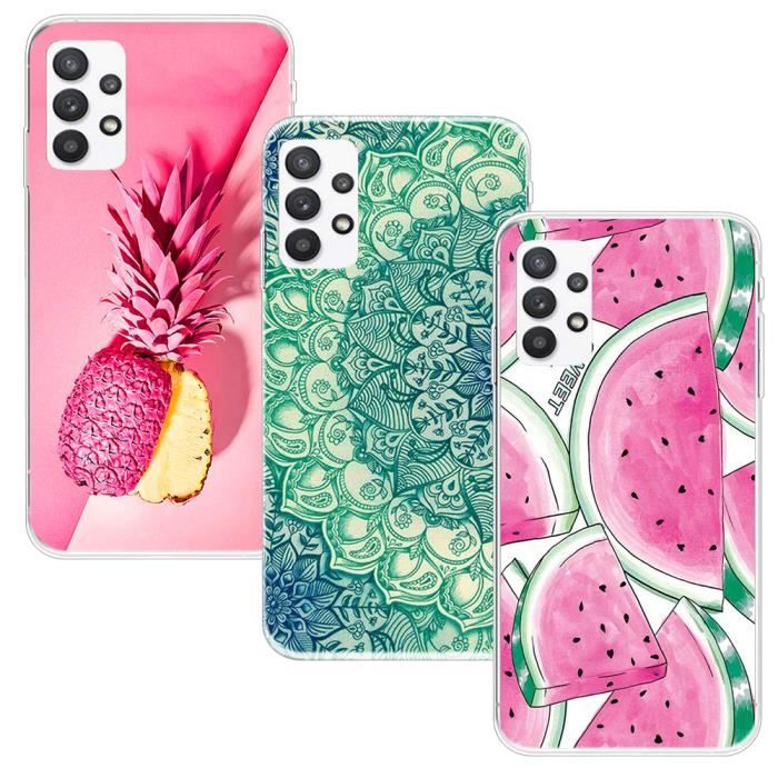 3-Pièces Coque Samsung Galaxy A32 4G Silicone TPU Souple avec Motif Imprimé Etui Housse de Protection, Ananas Mandala Pastèque