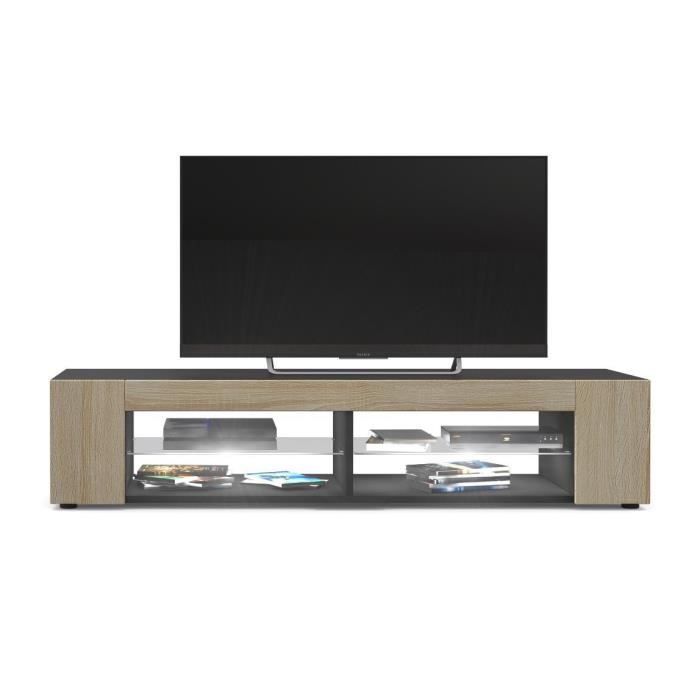 Meuble Tv Noir mat Façades en Chêne brut MDF led Blanc