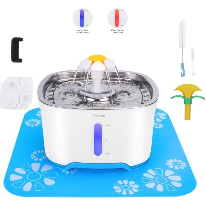 Fontaine à Eau Chat 2.5L 3 Filtres Voyant LED Pompe Silencieuse avec 1 Tapis Silicone et 2 Brosses de Nettoyage