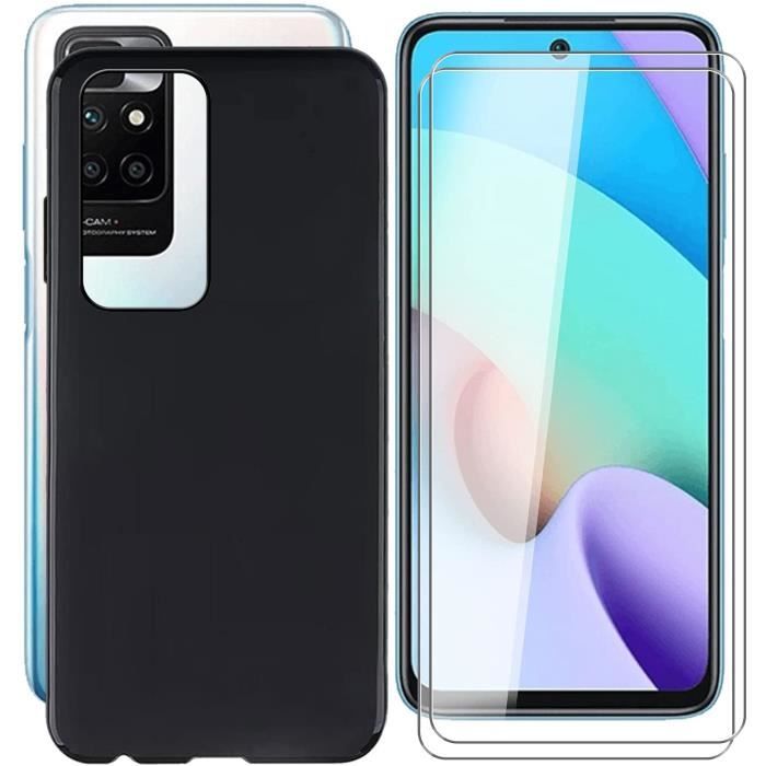 RASENA Silicone Coque pour Xiaomi Redmi 10 avec 2 Verre trempé Protection écran, Couleur Pastel Ultra-Mince Souple Coque-Noir