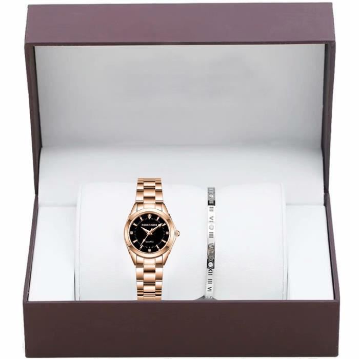 Coffret cadeau montre femme , montre à quartz élégante + bracelet de luxe, bracelet en acier inoxydable or rose, cadran noir