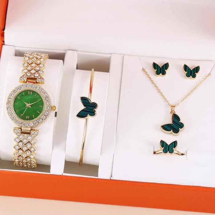 Coffret montre femme + bracelet + collier + clous d'oreilles + anneau – papillon vert diamant grâce cadeau de Noël