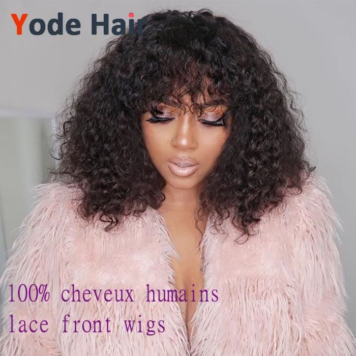 perruques 180% Deep Wave perruques brésiliennes de cheveux humains remy wave avce bangs lace front wigs 12pouces