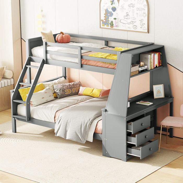 MODFU Lit superposé enfant 90 x 200 cm avec table, grand rangement et garde-corps hauts, gris - Maison