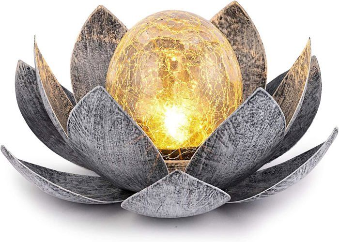 Lampe solaire de jardin - ZMINPEOEL - Design lotus - Abat-jour verre trempé craquelé - Pétales inox - Étanche LED 8–10h