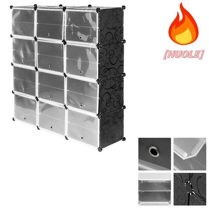 Armoire en plastique à 8 étagères et 12 portes résistante à lhumidité et à la poussière noire.