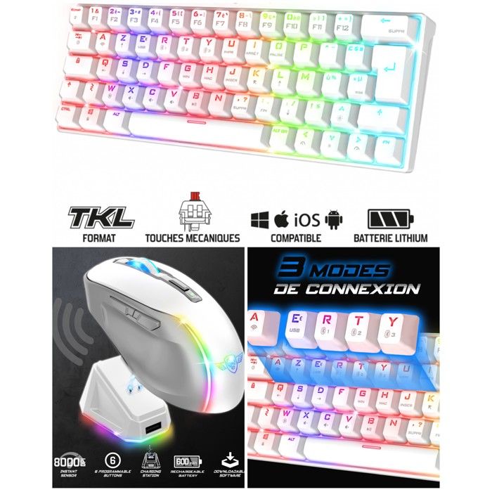 PACK Clavier Mécanique BLANC sans fil Bluetooth RGB USB RF 24GHz + Souris sans fil – ELITE M50 – 8000 DPI – 6 boutons