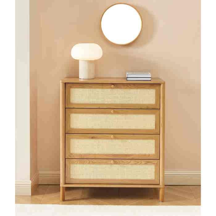 Commode HAIDA 4 tiroirs effet chêne et rotin 80cm Commode HAIDA 4 tiroirs effet chêne et rotin 80cm