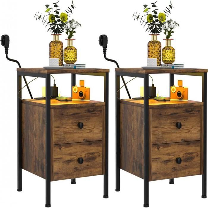 Lot de 2 Table dAppoint avec Prises et USB - VIVOLILV - 40x40x61 cm - Bout de Canapé avec 2 tiroirs - Marron Rustique