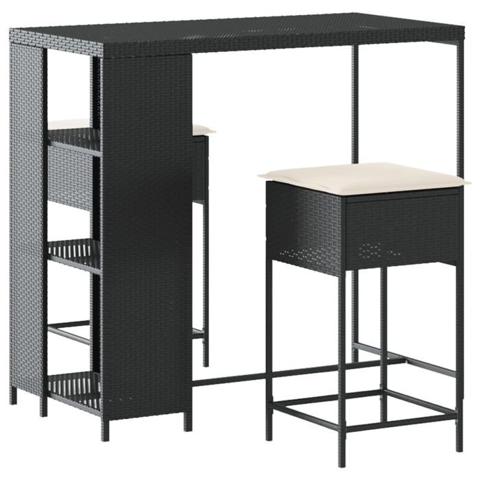 62906903& Ensemble de bar de jardin 3 pcsTable de bar + 2 tabourets bar Mange-Debout - avec coussins noir poly rotin