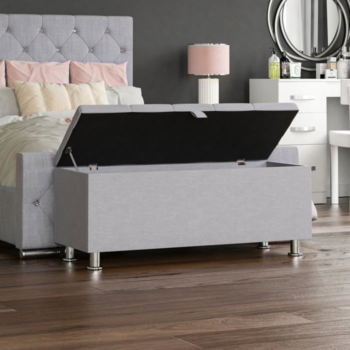 Banc coffre de rangement Valencia en lin gris clair – Repose-pieds tabouret siège de lit avec espace de rangement
