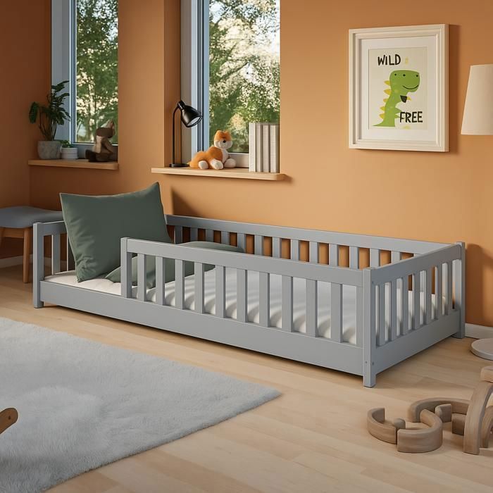 Lit au sol enfant 90x190 cm - Matelas INCLUS - Avec sommier + barrière de lit - Lit Montessori enfant - Pin massif - Gris
