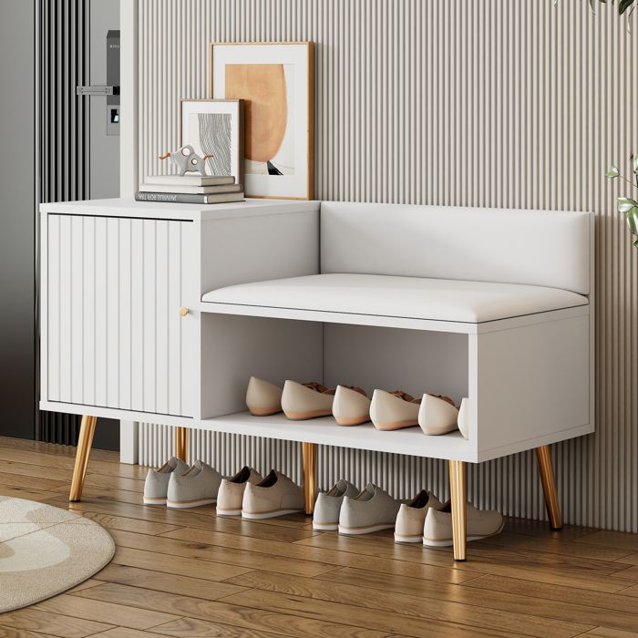 Banc à chaussures moderne en rembourrée Meuble a chaussures avec pieds métalliques et poignées Meuble entree en blanc 100x40x58cm