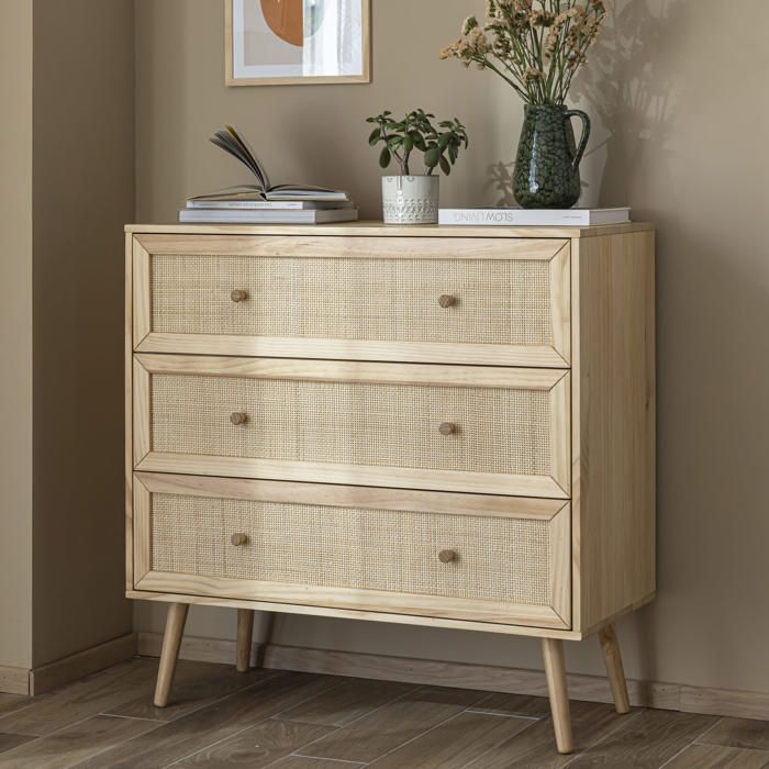 Commode cannage avec 3 tiroirs bois naturel ANNA - Bois naturel - Terre de Nuit