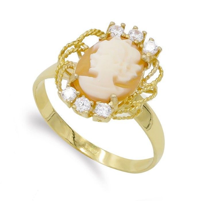 Bague camée ovale en or 18 carats (15 x 13 mm) avec zircon cubique et serti clos.