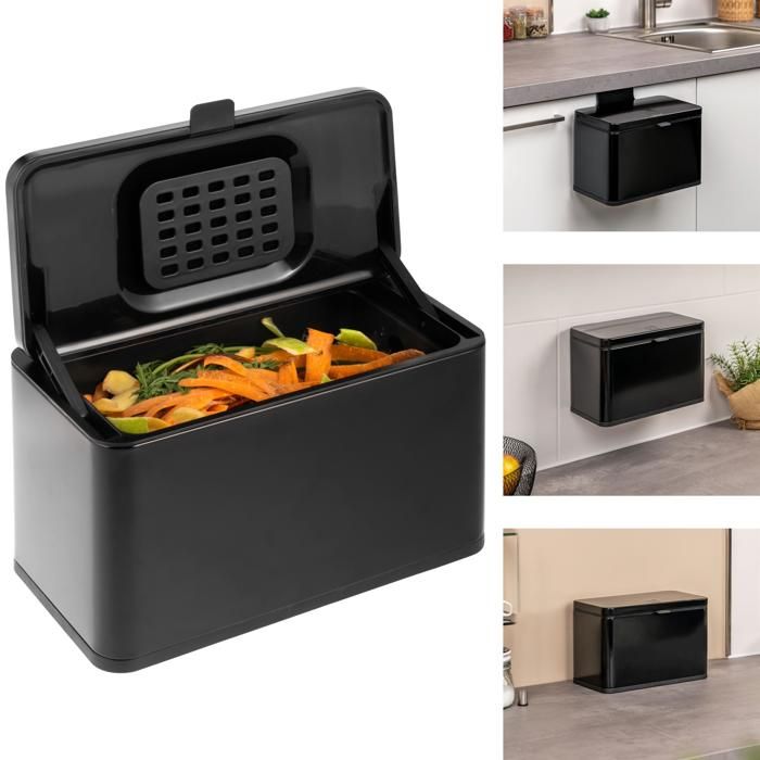 eluno poubelle bio 3L avec filtre anti-odeur à suspendre à poser ou à coller poubelle à compost 3 types de montage noir mat