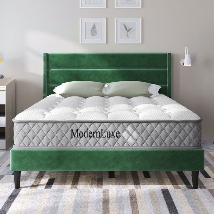 Lit double rembourré - Matelas inclus - 140x200 cm - Velours vert foncé - Design moderne