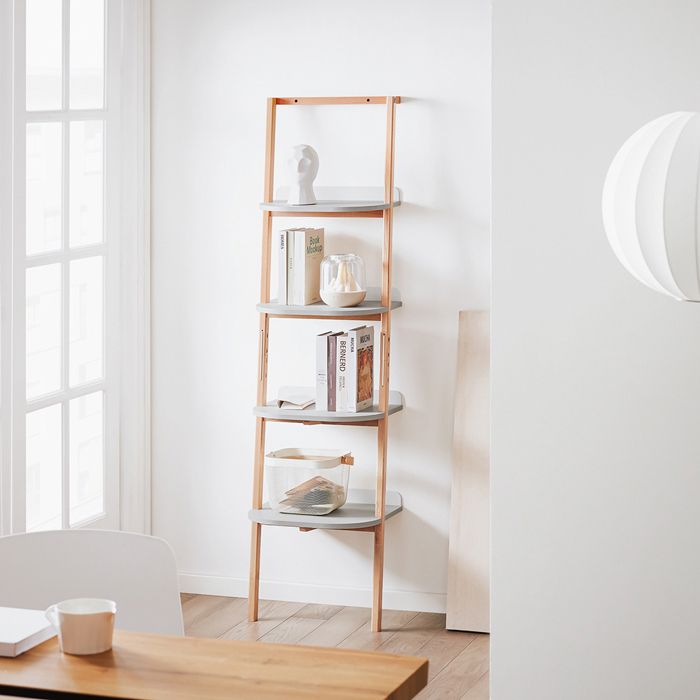 Étagère échelle à 4 niveaux - SOBUY - 44x39x169 cm - Gris - Style nordique - MDF et bois de hêtre - Capacité 42 kg Étagère échelle à 4 niveaux - SOBUY - 44x39x169 cm - Gris - Style nordique - MDF et bois de hêtre - Capacité 42 kg