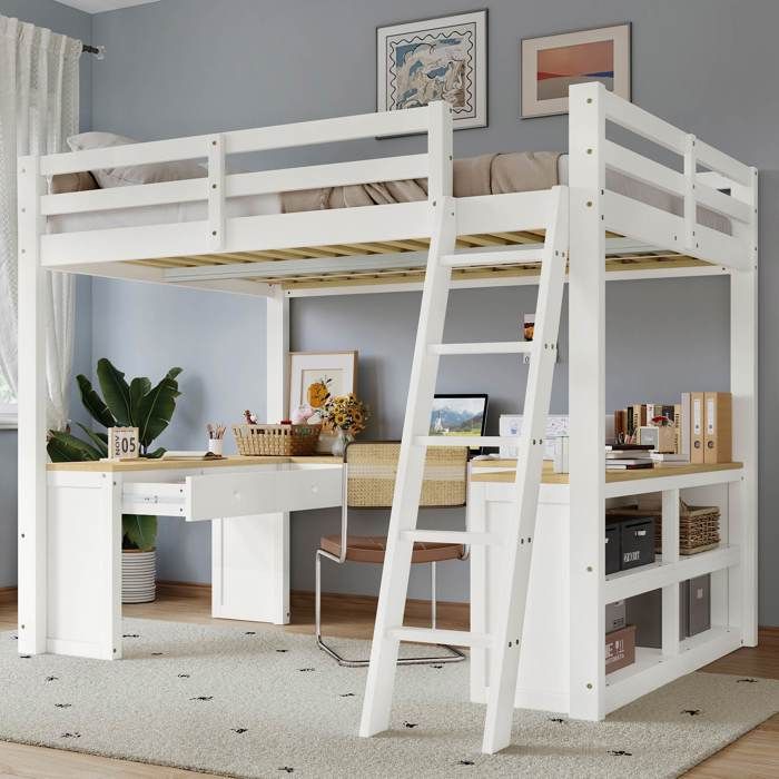 Lit mezzanine 140 x 200 cm avec un bureau en forme de U et deux tiroirs Lit enfant avec sommier et étagère de rangement Pin Blanc