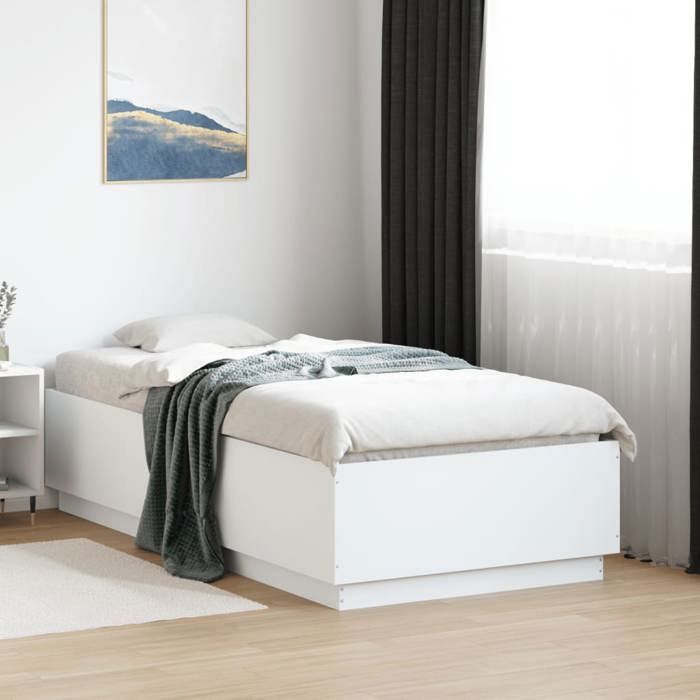 Structure de lit avec LED - UU - Blanc - 90x190 cm - Bois dingénierie - Lattes en contreplaqué - LED RVB - 193x93x40 cm