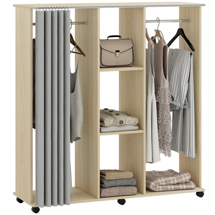 Armoire penderie mobile - HOMCOM - meuble de rangement 6 roulettes dressing chambre - bois - 120L x 40l x 128H cm - naturel Armoire penderie mobile - HOMCOM - meuble de rangement 6 roulettes dressing chambre - bois - 120L x 40l x 128H cm - naturel