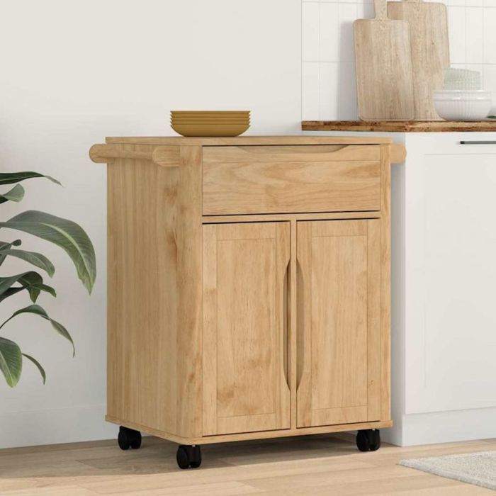 VIDAXL Desserte de cuisine billot en pin massif cire marron 725×45×80 cm - roulettes verrouillables tiroirs