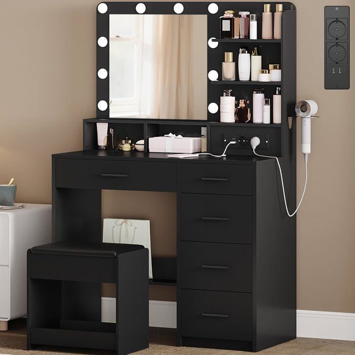Coiffeuse avec 10 Globes Lumineux LED 3 Couleurs Coiffeuse avec Prise Et Grand MiroirTabouret Et Support pour Sèche-CheveuxNoir