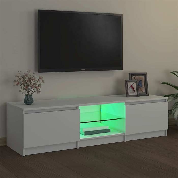 [67571]Meuble TV avec lumières LED - TABLE TV Meuble HIFI de salon - blanc 140x40x36 cm Poids:27.55 Kg