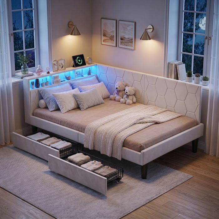Lit Enfant Banquette 90x200 - 2 Tiroirs et Sommier - Tête de Lit en L avec LED et USB - Beige - Velours