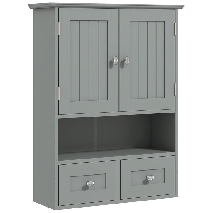 Armoire murale de salle de bain - kleankin - avec portes étagère ouverte 2 tiroirs pour ranger - 50 8l x 17 8P x 66H cm - gris Armoire murale de salle de bain - kleankin - avec portes étagère ouverte 2 tiroirs pour ranger - 50 8l x 17 8P x 66H cm - gris