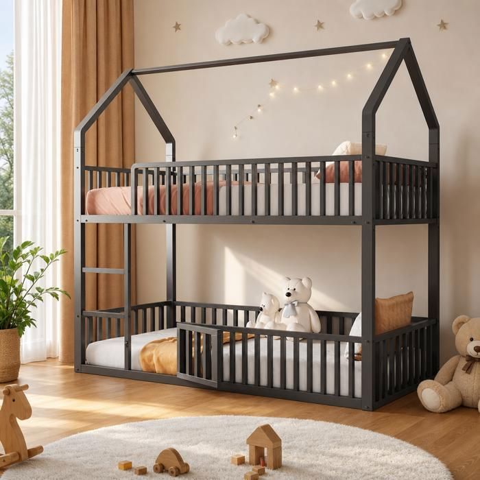 Lit superposé - N623P320640B - 90x200 cm - Métal noir - Design maison avec petite porte