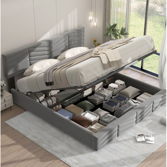 Lit Double Lit Coffre 160x200 cm Tête De Lit Réglable En Hauteur Velours Gris Sans Matelas