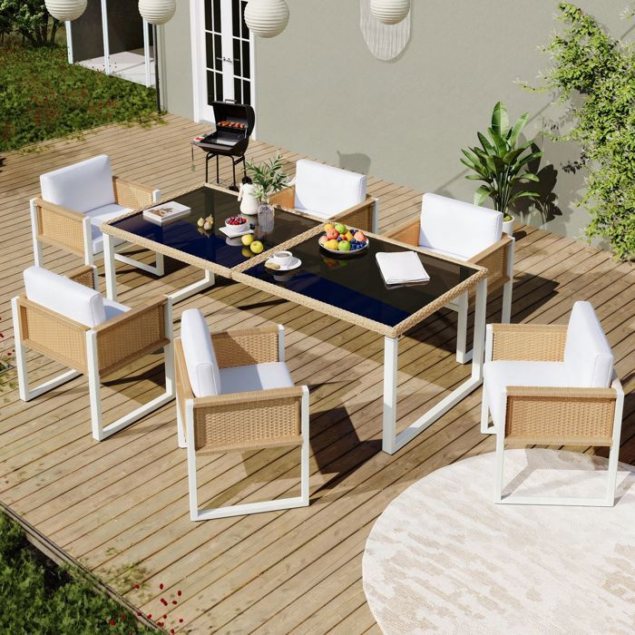 Salon de jardin 6 places ensemble repas en polyrattan fauteuils inclus housses amovibles et lavables
