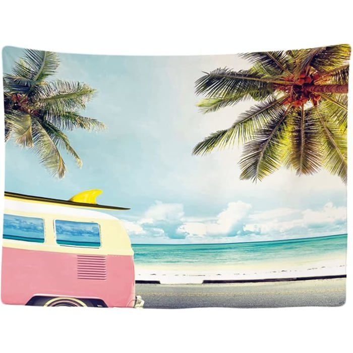 Tapisserie Murale Décorative Chambre - Bus Palmier Soleil Mer Van Life - 200 x 150 cm Grand Papier Bus rose